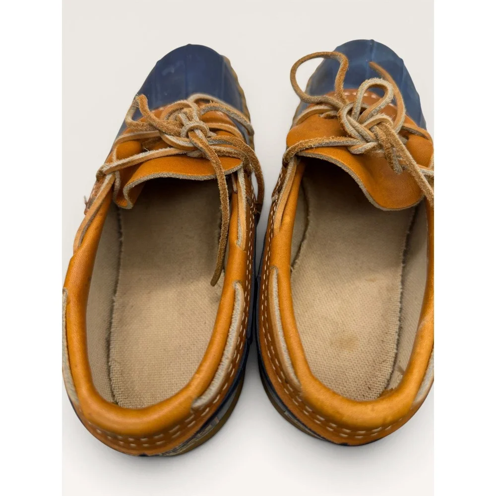 LL Bean Boots Womens 7 Navy Blue Tan Leather Low Gumshoe Duck Boots Made in USA